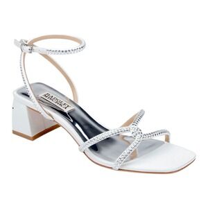 Badgley Mischka Brisa Strass White Satin Rhinestone Block Heel Sandals 7.5 $225